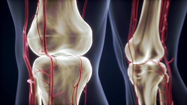 Detailed Anatomical Rendering of Human Knee Joint with Luminous Bones and Red Blood Vessels on Dark Background for Medical Visualization
