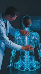 Asian doctor using holographic diagnosis interface, glowing meridians overlay on patient's back, Pantone 14-4816TCX (medical teal) lighting 