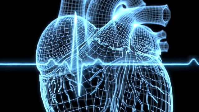 Glowing Anatomically Correct Human Heart Wireframe with EKG Line on Black Background Animating in Loop