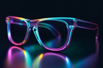 Iridescent Neon Sunglasses with Vibrant Rainbow Reflection on Dark Futuristic Background