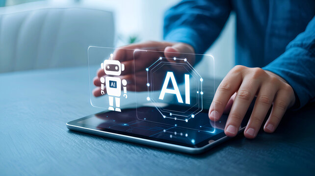 Futuristic Artificial Intelligence technology with AI robot and hologram display for business innovation. - Powered by Adobe