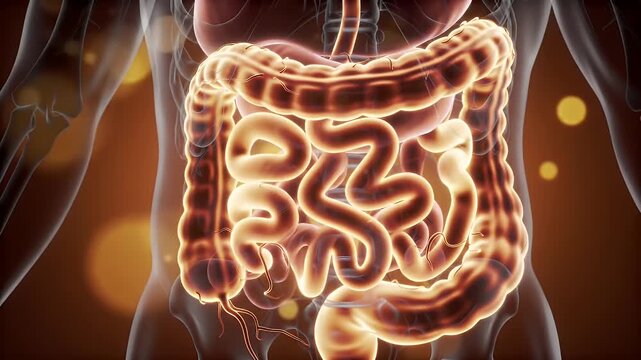 Majestic Vividly Glowing Human Digestive System Animation Displaying Intestines Stomach and Abdominal Organs Against Blurred Bokeh Background Perfect for Medical Presentation