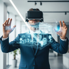 A professional in a suit interacts with a virtual house design displayed in a VR headset.