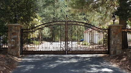 Elegant wrought iron gate leading to a serene driveway surrounded by lush greenery.