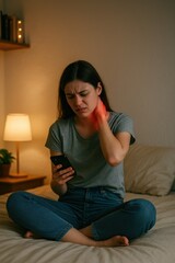 Obraz premium Young Woman Neck Pain Sitting at Home, Mobile Phone Discomfort, Text Neck Syndrome