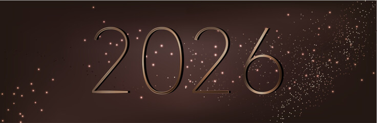 Happy new year 2026. Holiday greeting luxury card design. 3D Shiny gold realistic numbers isolated on dark brown background.