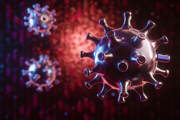 Futuristic Neon Virus Models with Vibrant Red and Blue Glowing Spiked Design