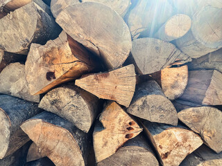 Stacked cut firewood logs with sunlight in a woodpile.