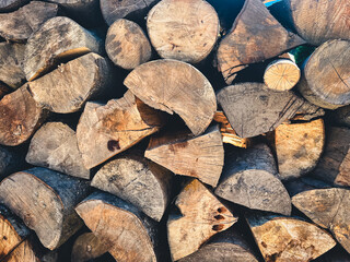 Stacked firewood logs with natural texture in sunlight.