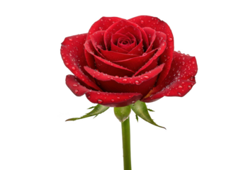 A single red rose with water droplets isolated on transparent background