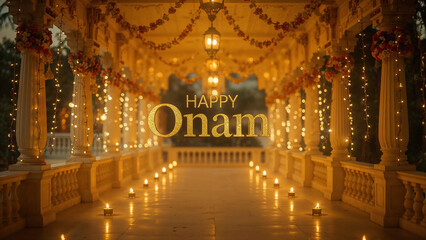 Fototapeta premium Onam Themed Background and Banners - Onam is Kerala's harvest festival celebrating King Mahabali's return, marked by floral designs (pookalam), feasts (Onasadya), boat races, and cultural festivities 