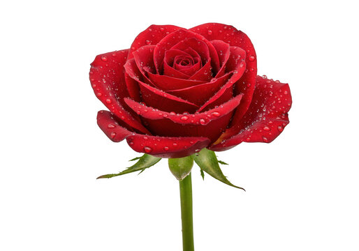A single red rose with water droplets isolated on transparent background