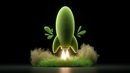 Eco-Friendly Rocket Launching from Grass with Green Flames and Smoky Trail