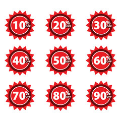 Red Sale Stickers with Percentage Discounts from Ten to Ninety Percent