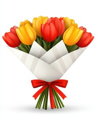 Bright and Colorful Tulip Bouquet with Red Ribbon on White Background