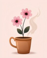 Cute Floral Arrangement in a Brown Cup with Steam Rising on Soft Pink Background