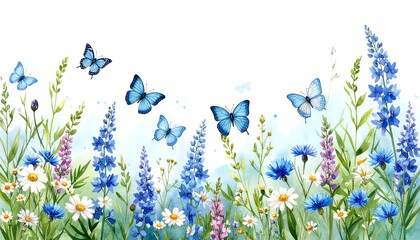 Delicate blue butterflies flit amongst wildflowers