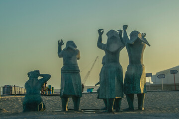 Tragedy at the sea sculpture at sunset time, matoshinos, porto