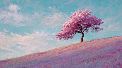 Pink-blossomed tree on a hill, surreal pastel colors
