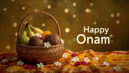 Onam Themed Background and Banners - Onam is Kerala's harvest festival celebrating King Mahabali's return, marked by floral designs (pookalam), feasts (Onasadya), boat races, and cultural festivities 