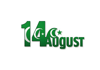 14 August Pakistan Independence Day Celebration | Green and White Text Design with Crescent Moon and Star for National Holiday Greetings, Patriotic Events, and Cultural Festivities