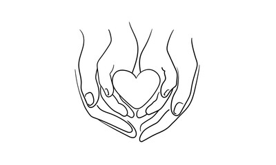 Heart in women's hands, continious line drawing. Hands of mother and child. Love, charity, help, support outline. Vector illustration