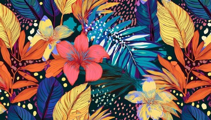 modern tropical floral pattern colorful abstract contemporary seamless pattern hand drawn unique print painting of a rainforest