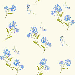 Seamless botanical pattern with colorful watercolor wildflowers, such as blue forget-me-nots, purple lavender, yellow buttercups, and pink clover flowers. Arranged on a light beige background.