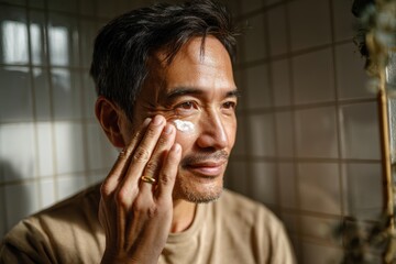 Gentle skincare routine captures a man applying eye cream in a softly lit bathroom