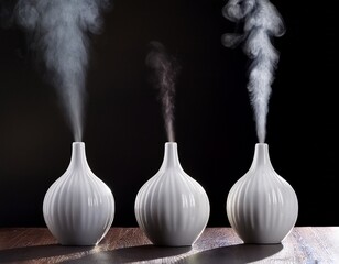 tres jarrones blancos de los que sale vapor