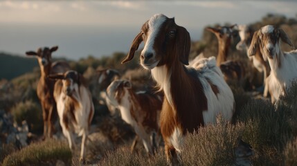 Goat herd grazing on hillside with soft natural light