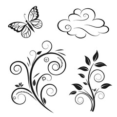 Black butterfly and floral swirls with cloud vine