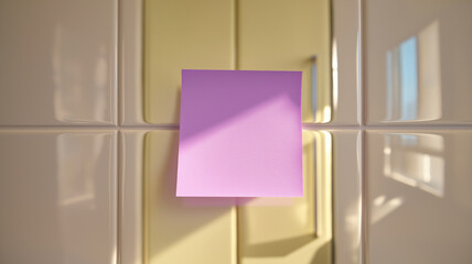 Purple sticky note is placed on glossy tiled wall, casting shadow. tiles reflect light, creating bright and clean atmosphere. note stands out against neutral background