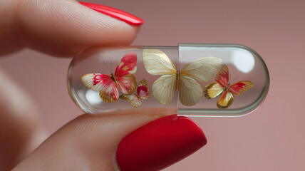 Hand with red nails holds transparent glass capsule containing colorful butterflies, symbolizing beauty and fragility. delicate design evokes sense of wonder and imagination