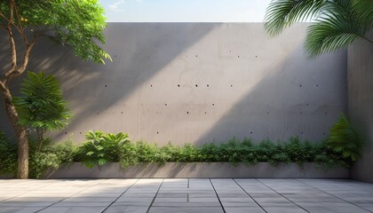 empty exterior concrete wall with tropical style garden 3d render decorate with tropical style tree sunlight on the wall