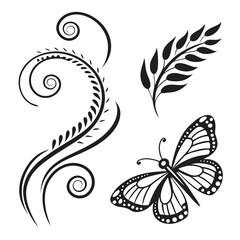 Fototapeta premium Black floral swirls and butterfly wing design white vine