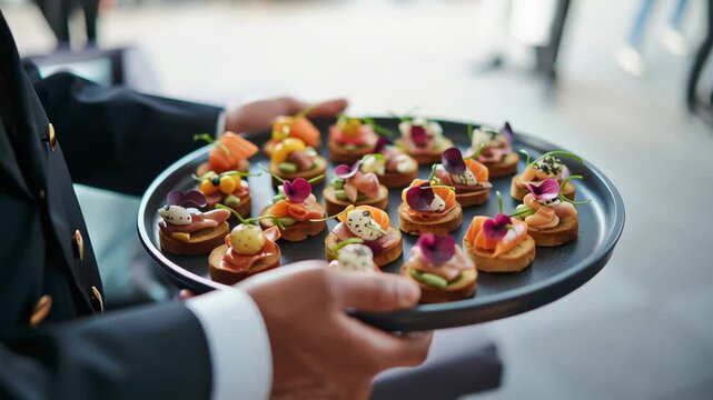 Elegant canape appetizer tray served by waiter at event with fresh salmon, smoked salmon, cream cheese, vibrant garnish, colorful bite delights