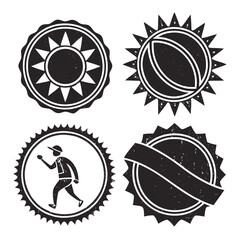 Black grunge circular emblems with sun and figure designs badge