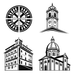 Black ink architectural building and circular emblem designs architecture buildings