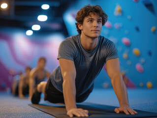 Fototapeta premium Young athletic man practicing yoga on mat in a fitness studio, with colorful climbing wall in the background, showcasing strength and focus during workout session