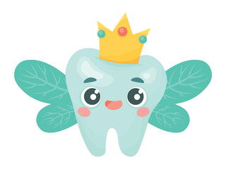 Vector illustration of a cute cartoon tooth fairy character with wings and a golden crown. Perfect for dental clinics, pediatric dentistry, and children’s oral health campaigns.