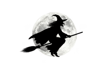 A witch is flying on her broomstick in front of the full moon isolated on transparent background