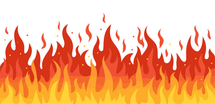 A fire with orange flames is shown as seamless border n a transparent background. The fire is very large and has a lot of flames