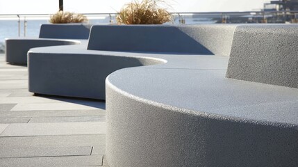 Curved concrete benches lining waterfront promenade, providing seating with panoramic ocean views and minimal landscape accent from dry ornamental grass