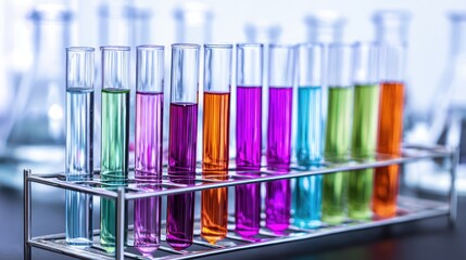 Close-up of colorful test tubes arranged in a clear holder, showcasing scientific experimentation.