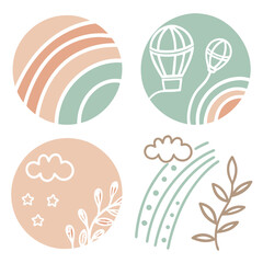Boho Rainbows Hot Air Balloons Clouds Stars and Leaves vector