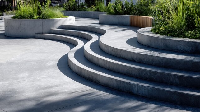 Urban park featuring smooth concrete steps and circular flowerbeds, offering tranquil respite from city life