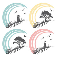 Coastal landscape icons with lighthouses and trees vector