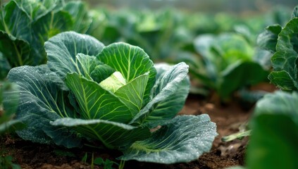 Cabbage patch with rows of cabbages, light green leaves, brown soil, and soft background