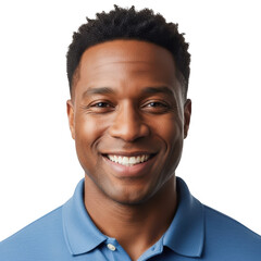 Obraz premium Photo of closeup portrait of a smiling african american man with a friendly expression, wearing a blue polo shirt, isolated on a transparent background